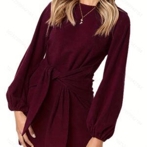 Solid Tie Waist Crew Neck Dress, Elegant Slim Lantern Sleeve Dress For Spring & Fall, Women's Clothing