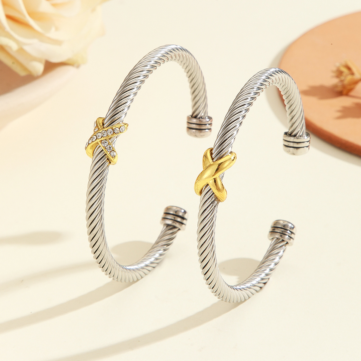 1PCS Fashionable Personalized 8-character Cross Steel Wire Bracelet,Open Bracelet, Simple Versatile Trendy Diamond Bracelet, Suitable For Men And Women To Wear, Holiday Jewelry Gift
