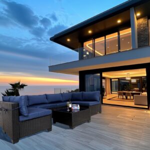 7 Pieces Outdoor Rattan Patio Sectional Set, Black Wicker Furniture Conversation Sets With Washable Cushions & Glass Coffee Table For Garden, Poolside, Backyard