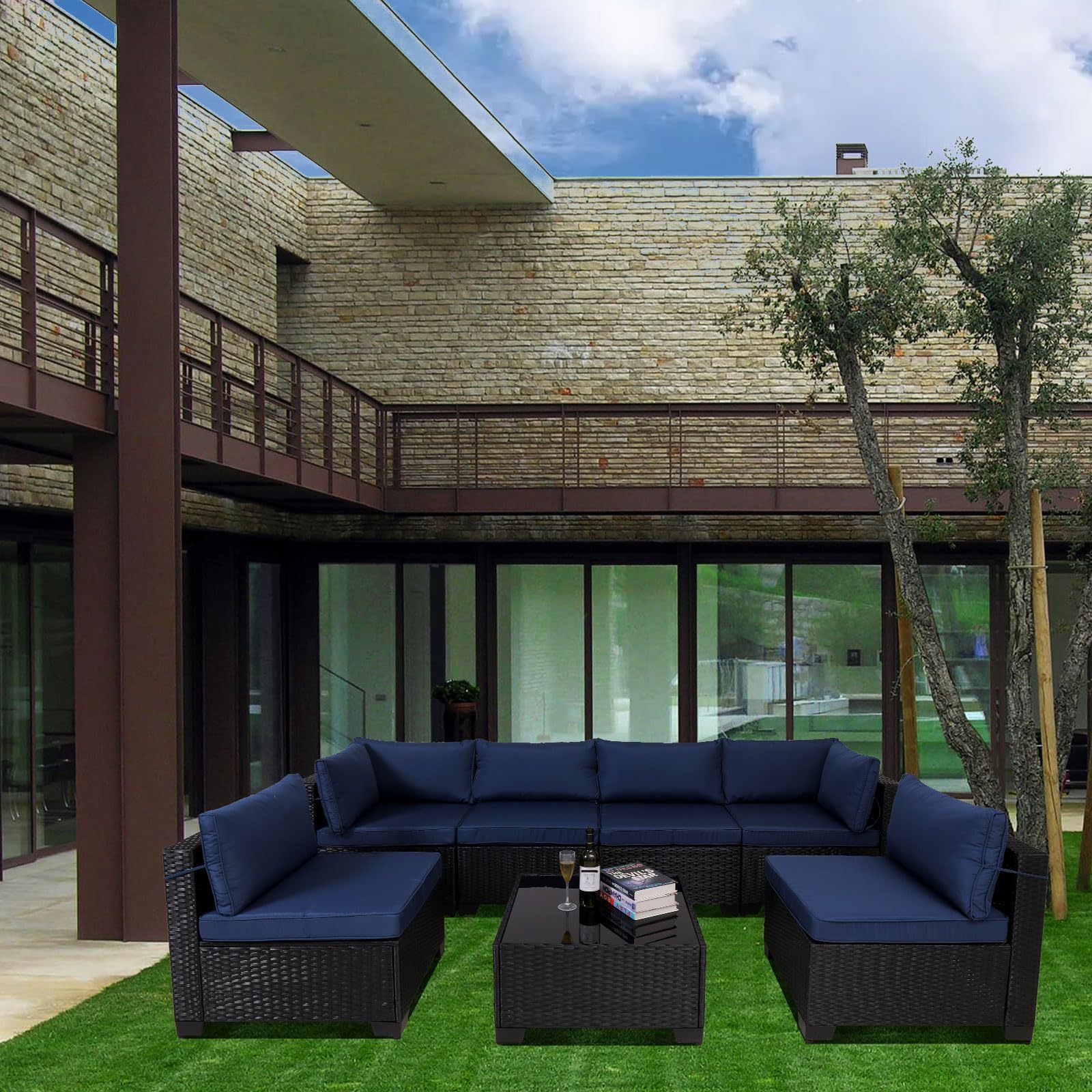 7 Pieces Outdoor Rattan Patio Sectional Set, Black Wicker Furniture Conversation Sets With Washable Cushions & Glass Coffee Table For Garden, Poolside, Backyard - Image 3