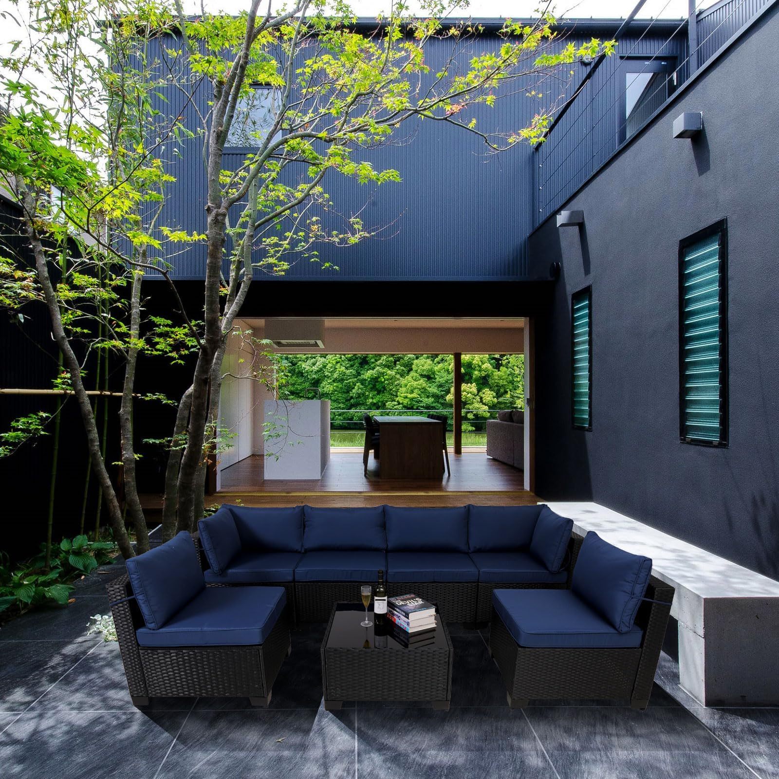 7 Pieces Outdoor Rattan Patio Sectional Set, Black Wicker Furniture Conversation Sets With Washable Cushions & Glass Coffee Table For Garden, Poolside, Backyard - Image 7