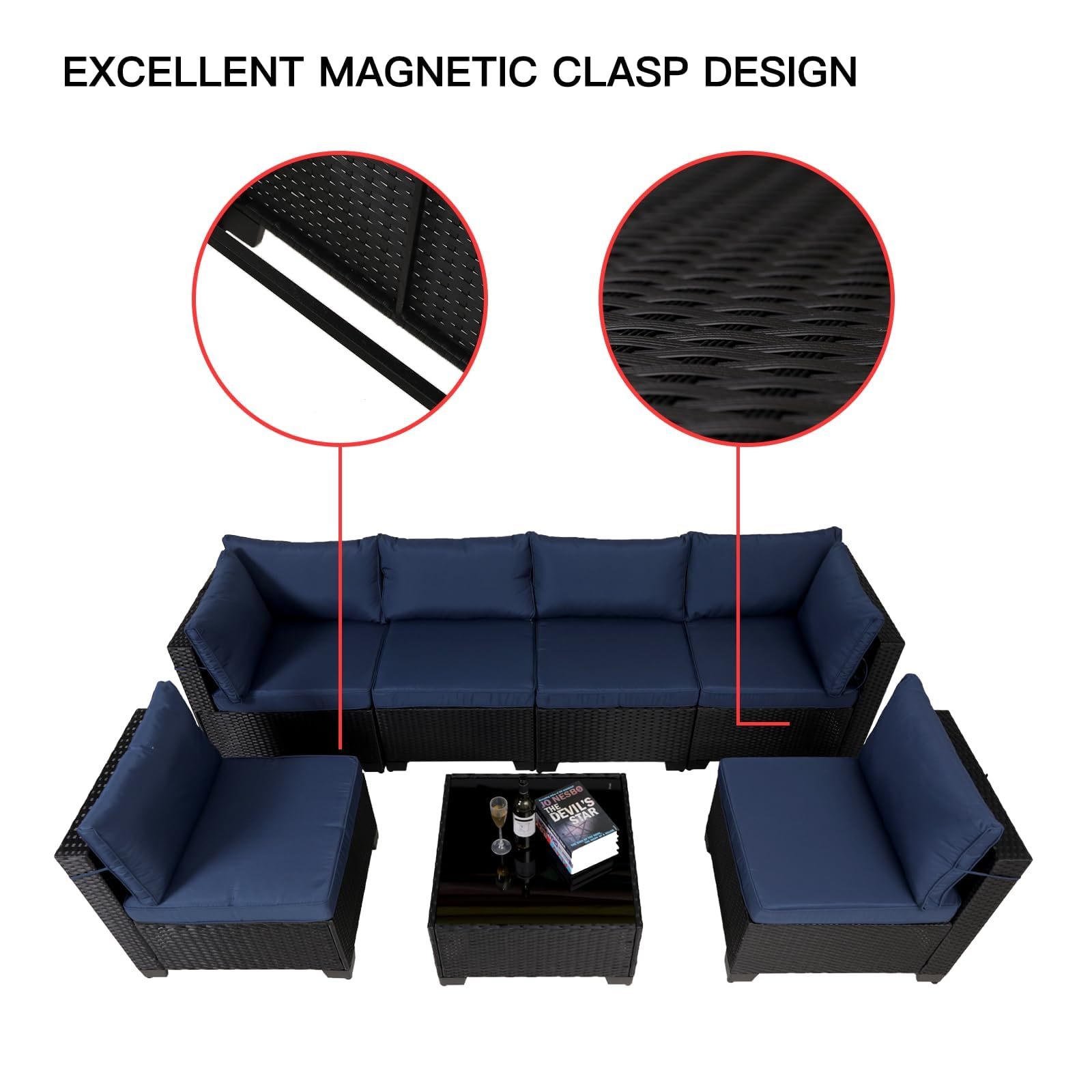 7 Pieces Outdoor Rattan Patio Sectional Set, Black Wicker Furniture Conversation Sets With Washable Cushions & Glass Coffee Table For Garden, Poolside, Backyard - Image 2