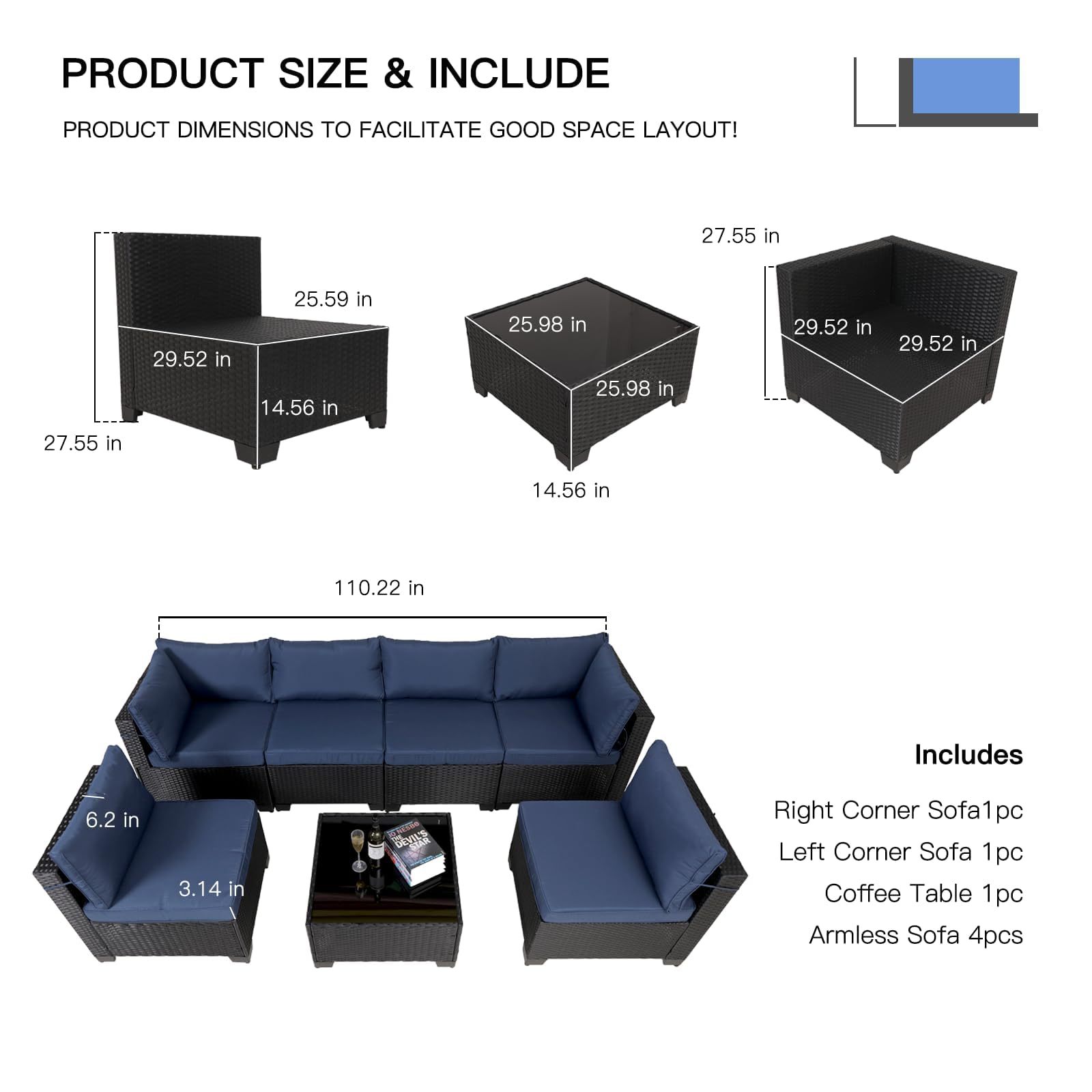 7 Pieces Outdoor Rattan Patio Sectional Set, Black Wicker Furniture Conversation Sets With Washable Cushions & Glass Coffee Table For Garden, Poolside, Backyard - Image 5