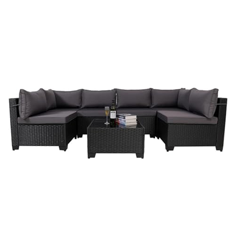 7 Pieces Outdoor Rattan Patio Sectional Set, Black Wicker Furniture Conversation Sets With Washable Cushions & Glass Coffee Table For Garden, Poolside, Backyard - Image 8